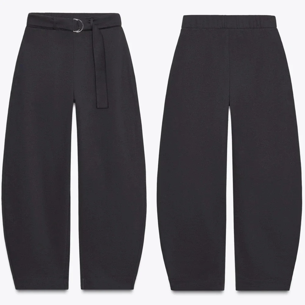 ZARA Barrel Leg Belted Sweatpant Trouser Washed Black/Grey‎ Size S Casual Lounge